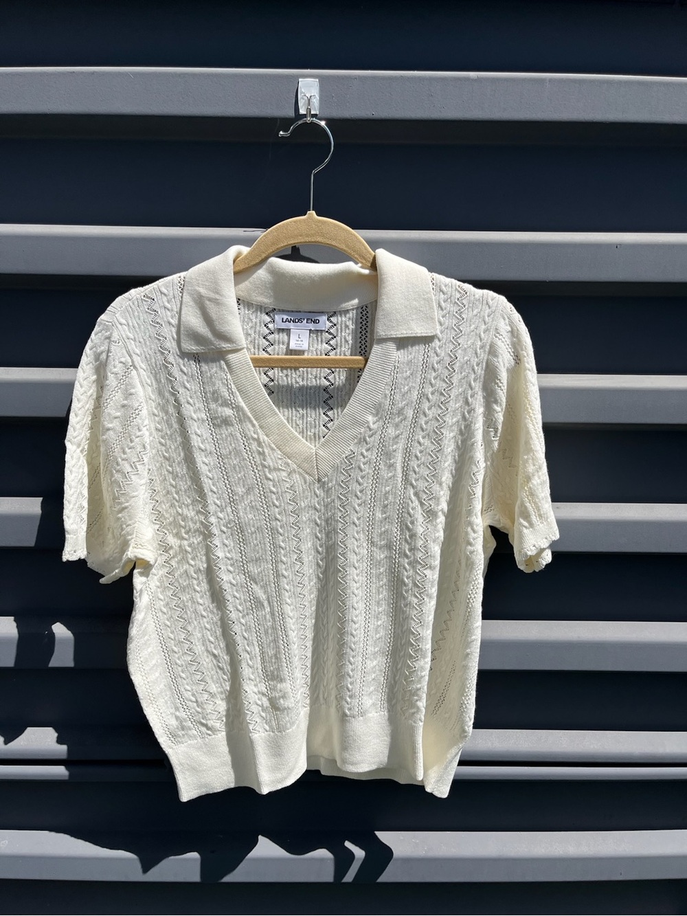Lands' End Women’s Cream Short-Sleeve Knit Polo Sweater